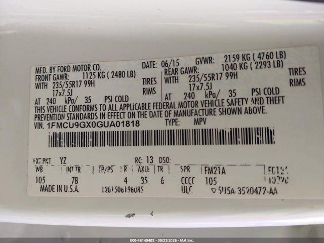 2016 Ford Escape Se მანქანა იყიდება აუქციონზე, vin: 1FMCU9GX0GUA01818, აუქციონის ნომერი: 46149402
