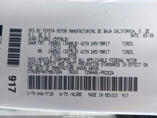 46149416 :رقم المزاد ، 3TMKB5FN4TM067284 vin ، 2026 Toyota Tacoma Sr5 مزاد بيع