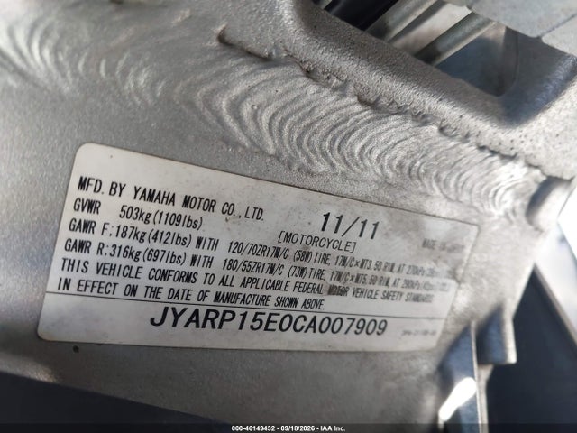 Aukcja sprzedaży 2012 Yamaha Fjr1300 A, vin: JYARP15E0CA007909, numer aukcji: 46149432