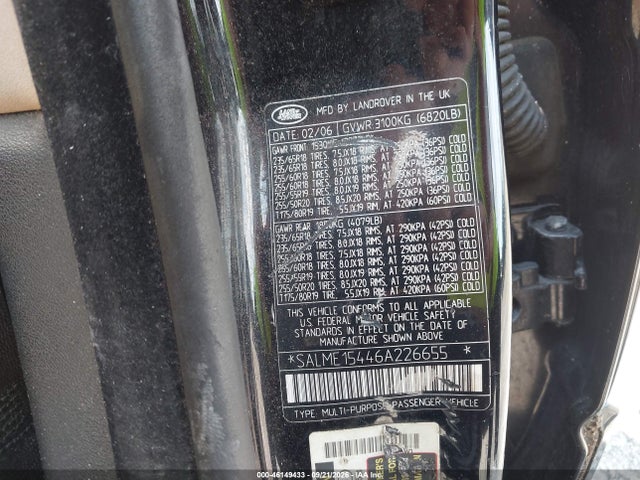 46149433 :رقم المزاد ، SALME15446A226655 vin ، 2006 Land Rover Range Rover Hse مزاد بيع