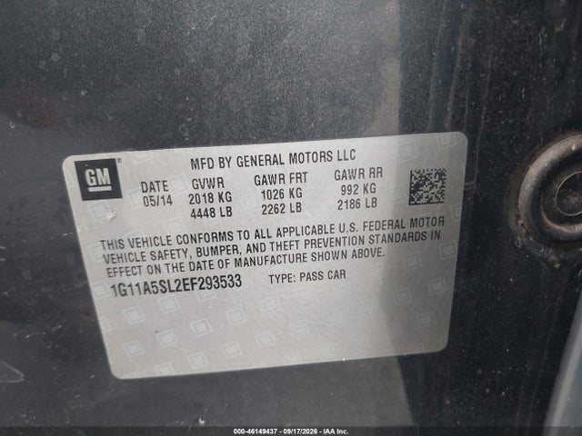 2014 Chevrolet Malibu 1fl მანქანა იყიდება აუქციონზე, vin: 1G11A5SL2EF293533, აუქციონის ნომერი: 46149437