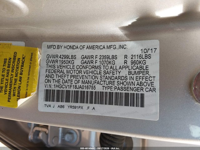 Honda ACCORD LX 2018 1HGCV1F18JA016755 Image 9