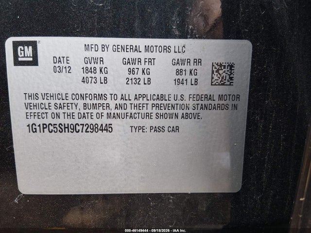 Продаж на аукціоні авто 2012 Chevrolet Cruze Ls, vin: 1G1PC5SH9C7298445, номер лоту: 46149444