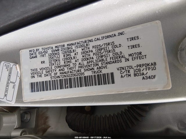 Продаж на аукціоні авто 2002 Toyota Tacoma Base V6, vin: 5TEHN72N32Z062095, номер лоту: 46149448