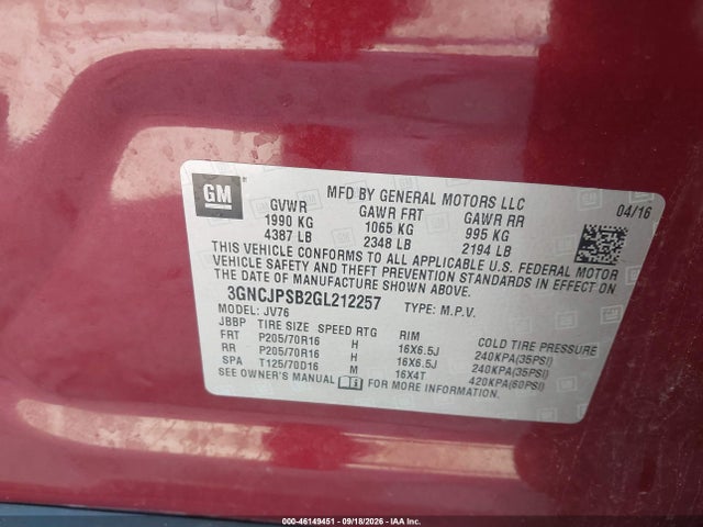 46149451 :رقم المزاد ، 3GNCJPSB2GL212257 vin ، 2016 Chevrolet Trax Lt مزاد بيع
