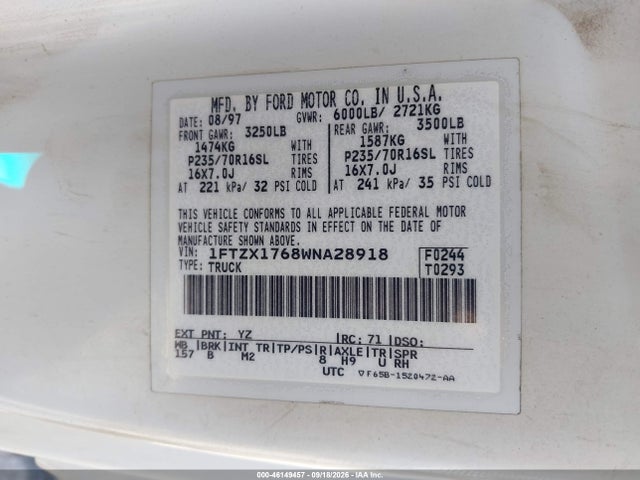 46149457 :رقم المزاد ، 1FTZX1768WNA28918 vin ، 1998 Ford F-150 Lariat/standard/xl/xlt مزاد بيع