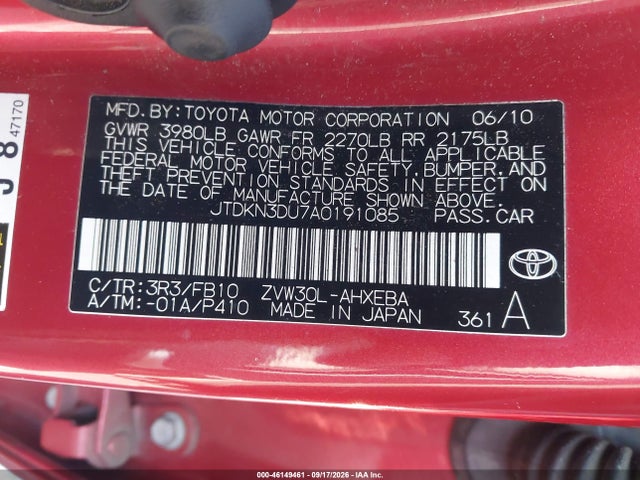 46149461 :رقم المزاد ، JTDKN3DU7A0191085 vin ، 2010 Toyota Prius Ii مزاد بيع