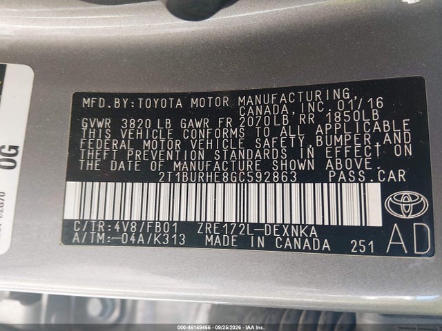 Aukcja sprzedaży 2016 Toyota Corolla Le, vin: 2T1BURHE8GC592863, numer aukcji: 46149466