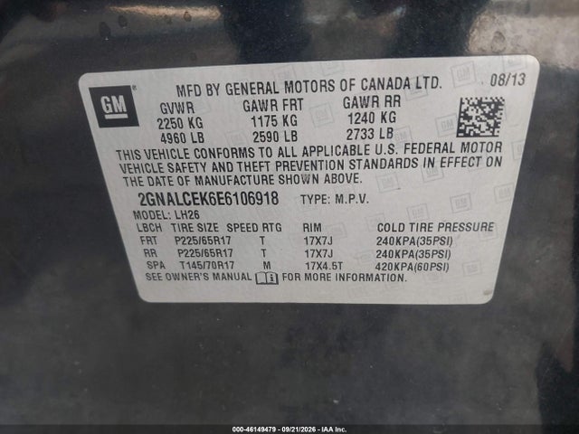 Aukcja sprzedaży 2014 Chevrolet Equinox 2lt, vin: 2GNALCEK6E6106918, numer aukcji: 46149479