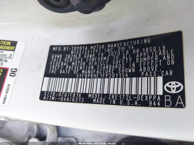 2015 Toyota Corolla Le Eco Plus მანქანა იყიდება აუქციონზე, vin: 5YFBPRHE1FP201154, აუქციონის ნომერი: 46149484