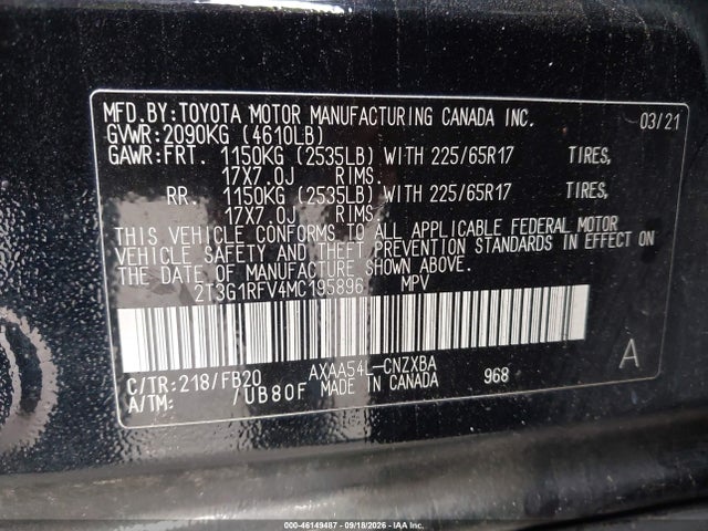46149487 :رقم المزاد ، 2T3G1RFV4MC195896 vin ، 2021 Toyota Rav4 Le مزاد بيع