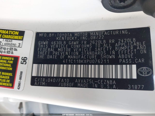 46149499 :رقم المزاد ، 4T1C11BKXPU076211 vin ، 2023 Toyota Camry Le مزاد بيع