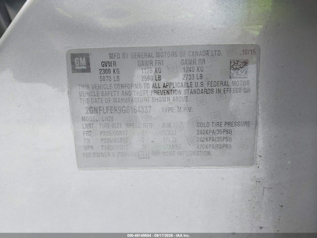 Aukcja sprzedaży 2016 Chevrolet Equinox Lt, vin: 2GNFLFEK9G6164337, numer aukcji: 46149504