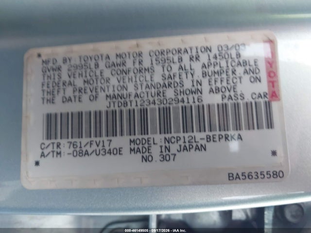 Продаж на аукціоні авто 2003 Toyota Echo, vin: JTD8T123430294116, номер лоту: 46149505