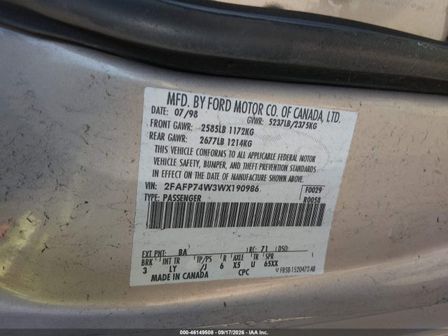 Продажа на аукционе авто 1998 Ford Crown Victoria Lx, vin: 2FAFP74W3WX190986, номер лота: 46149508