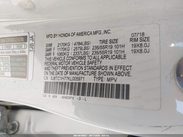 Auction sale of the 2019 Acura Rdx Advance Package, vin: 5J8TC1H77KL005971, lot number: 46149527