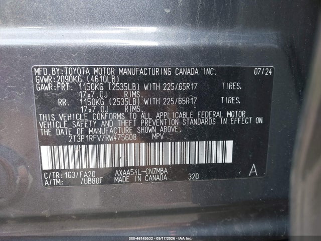 46149532 :رقم المزاد ، 2T3P1RFV7RW475608 vin ، 2024 Toyota Rav4 Xle مزاد بيع