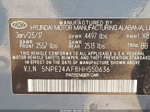 5NPE24AF8HH550636 Hyundai Sonata
