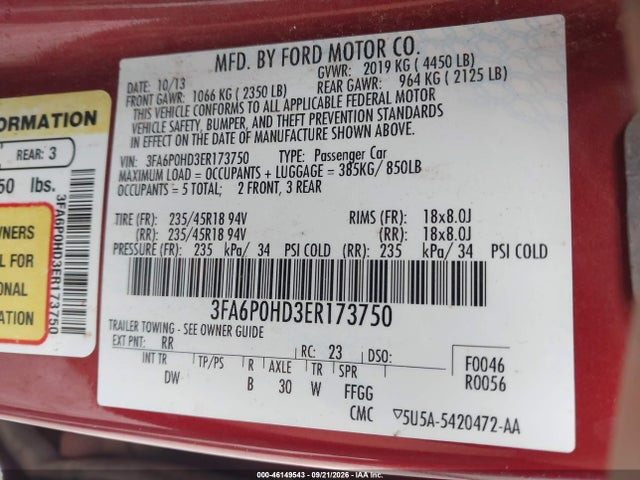 2014 Ford Fusion Se მანქანა იყიდება აუქციონზე, vin: 3FA6P0HD3ER173750, აუქციონის ნომერი: 46149543