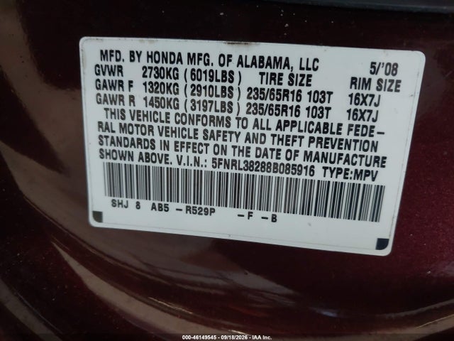Aukcja sprzedaży 2008 Honda Odyssey Lx, vin: 5FNRL38288B085916, numer aukcji: 46149545