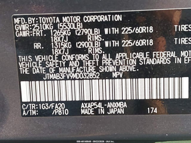 46149549 :رقم المزاد ، JTMAB3FV9MD032852 vin ، 2021 Toyota Rav4 Prime Se مزاد بيع