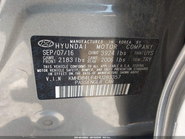 2017 Hyundai Elantra Limited მანქანა იყიდება აუქციონზე, vin: KMHD84LF4HU283357, აუქციონის ნომერი: 46149553