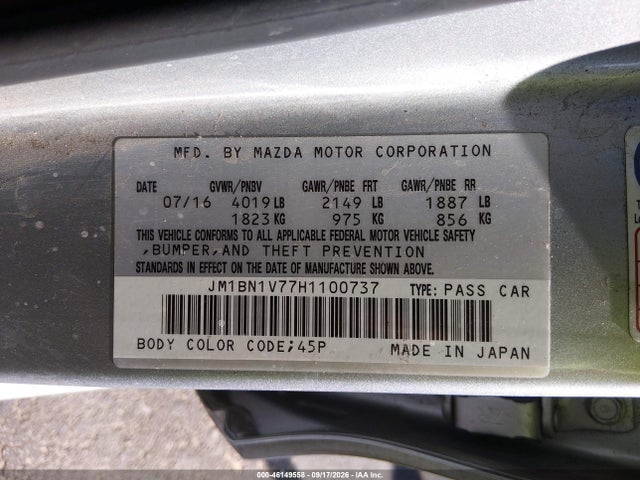 Продажа на аукционе авто 2017 Mazda Mazda3 Touring, vin: JM1BN1V77H1100737, номер лота: 46149558