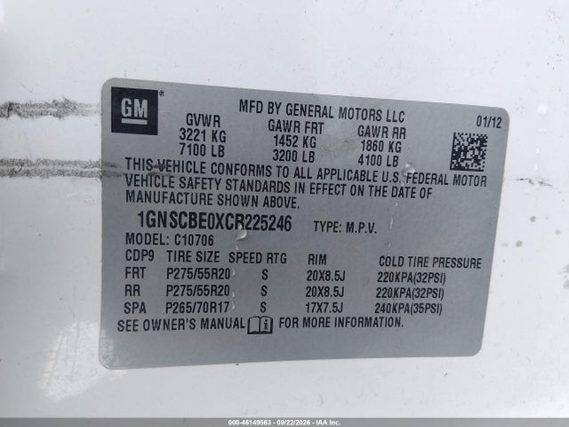 Продаж на аукціоні авто 2012 Chevrolet Tahoe Lt, vin: 1GNSCBE0XCR225246, номер лоту: 46149563