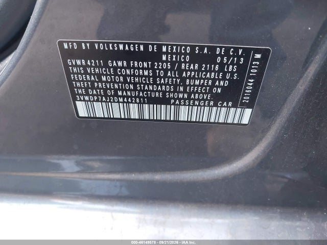 2013 Volkswagen Jetta 2.5l Se მანქანა იყიდება აუქციონზე, vin: 3VWDP7AJ2DM442811, აუქციონის ნომერი: 46149578