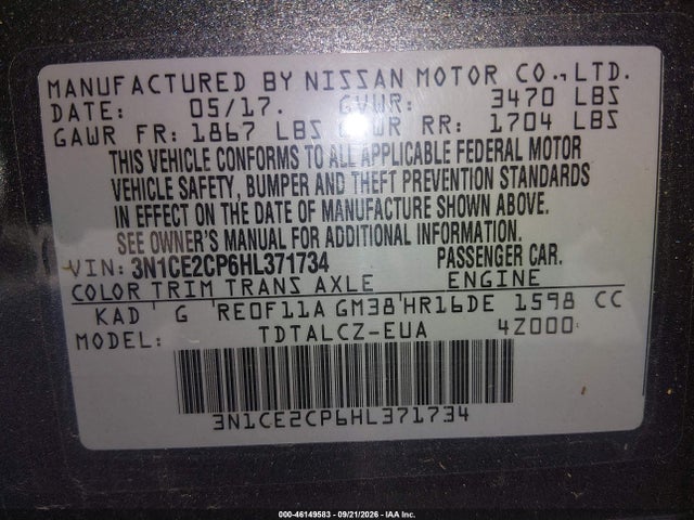46149583 :رقم المزاد ، 3N1CE2CP6HL371734 vin ، 2017 Nissan Versa Note S Plus مزاد بيع