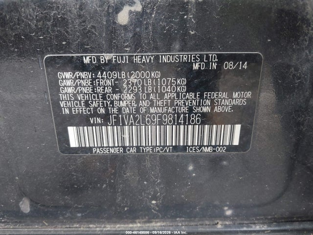 2015 Subaru Wrx Sti მანქანა იყიდება აუქციონზე, vin: JF1VA2L69F9814186, აუქციონის ნომერი: 46149586