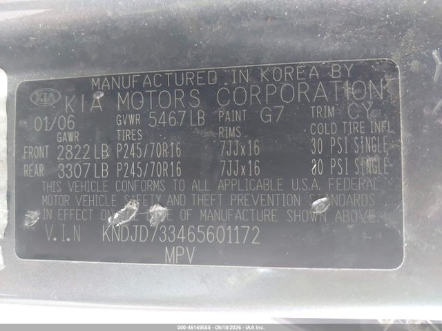 Aukcja sprzedaży 2006 Kia Sorento Ex/lx, vin: KNDJD733465601172, numer aukcji: 46149588