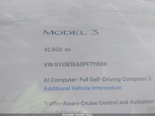 46149589 :رقم المزاد ، 5YJ3E1EA0PF711666 vin ، 2023 Tesla Model 3 Rear-wheel Drive مزاد بيع