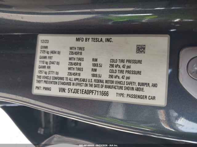 46149589 :رقم المزاد ، 5YJ3E1EA0PF711666 vin ، 2023 Tesla Model 3 Rear-wheel Drive مزاد بيع
