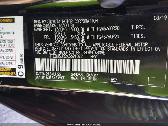 46149598 :رقم المزاد ، JTEBU5JR2K5691072 vin ، 2019 Toyota 4runner Limited Nightshade مزاد بيع