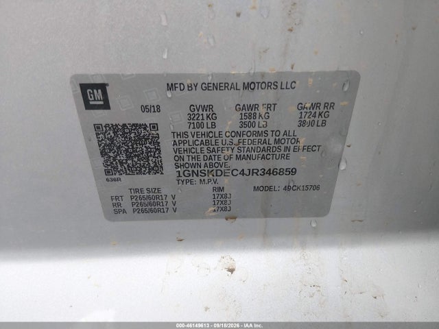 46149613 :رقم المزاد ، 1GNSKDEC4JR346859 vin ، 2018 Chevrolet Tahoe Commercial Fleet مزاد بيع