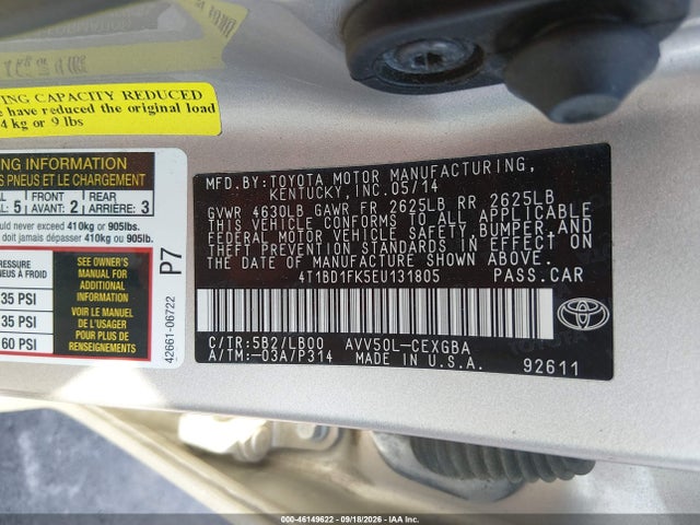 2014 Toyota Camry Hybrid Xle მანქანა იყიდება აუქციონზე, vin: 4T1BD1FK5EU131805, აუქციონის ნომერი: 46149622