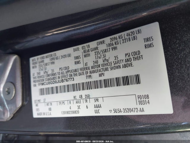 Aukcja sprzedaży 2018 Ford Escape Se, vin: 1FMCU0GD0JUB76773, numer aukcji: 46149639