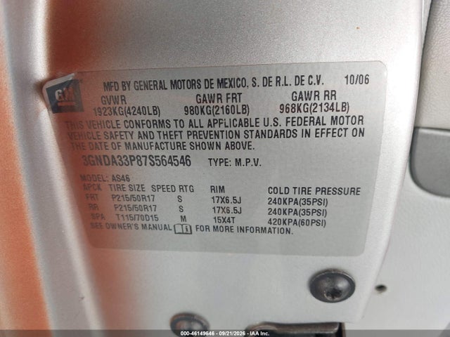 Продажа на аукционе авто 2007 Chevrolet Hhr Lt, vin: 3GNDA33P87S564546, номер лота: 46149646