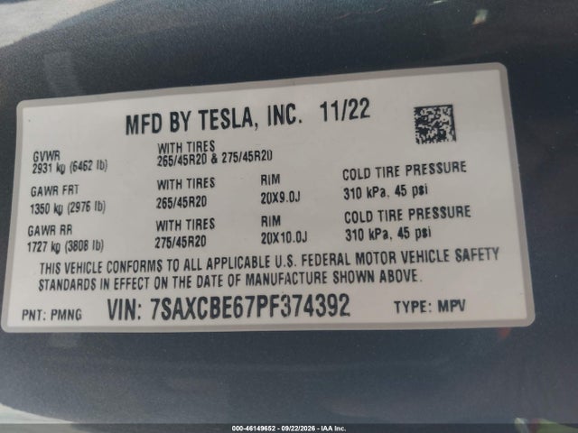 46149652 :رقم المزاد ، 7SAXCBE67PF374392 vin ، 2023 Tesla Model X Plaid Tri Motor All-wheel Drive مزاد بيع