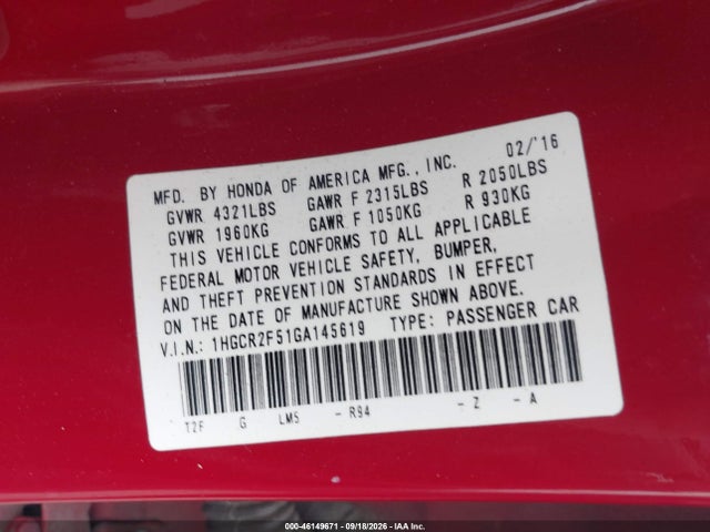 Продажа на аукционе авто 2016 Honda Accord Sport, vin: 1HGCR2F51GA145619, номер лота: 46149671