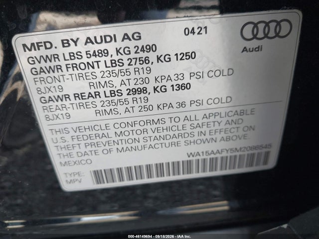 46149694 :رقم المزاد ، WA15AAFY5M2086545 vin ، 2021 Audi Q5 Sportback Premium Plus 45 Tfsi Quattro S Tronic مزاد بيع