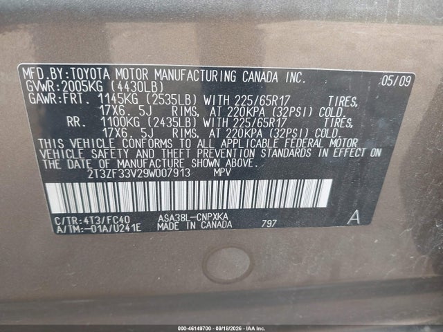 46149700 :رقم المزاد ، 2T3ZF33V29W007913 vin ، 2009 Toyota Rav4 مزاد بيع