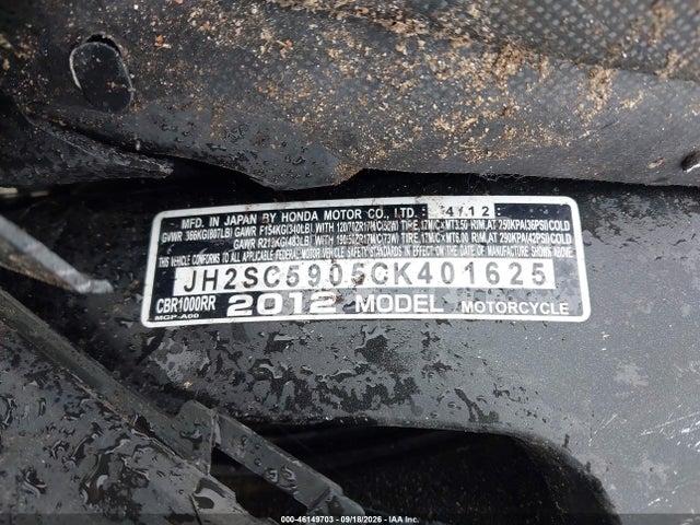 Aukcja sprzedaży 2012 Honda Cbr1000 Rr, vin: JH2SC5905CK401625, numer aukcji: 46149703