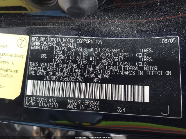 2006 Toyota Highlander Hybrid Limited V6 მანქანა იყიდება აუქციონზე, vin: JTEDW21A560005783, აუქციონის ნომერი: 46149727