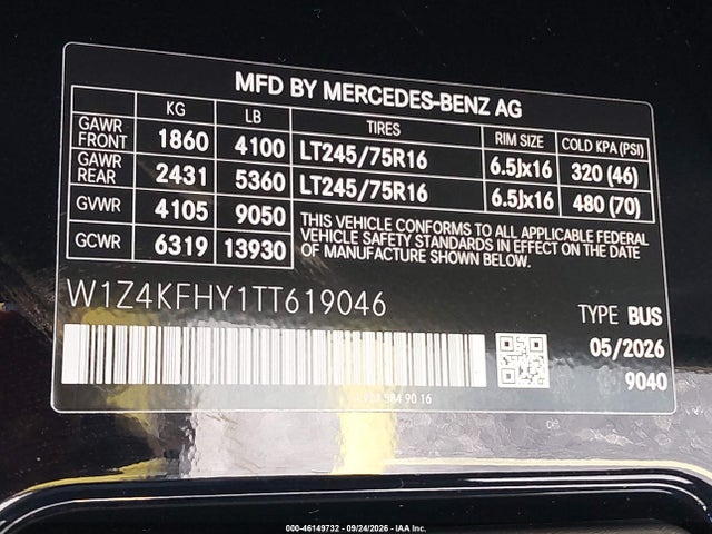 2026 Mercedes-benz Sprinter 2500 Standard Roof 4-cyl Diesel მანქანა იყიდება აუქციონზე, vin: W1Z4KFHY1TT619046, აუქციონის ნომერი: 46149732