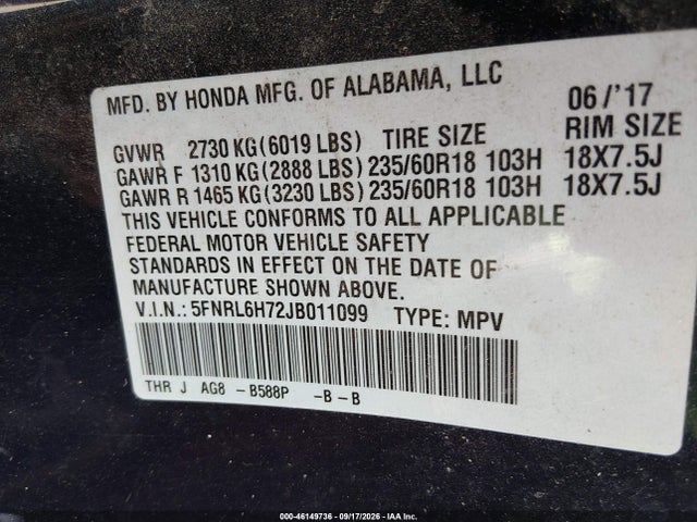 Honda Odyssey Ex-l 2018 5FNRL6H72JB011099 Image 9