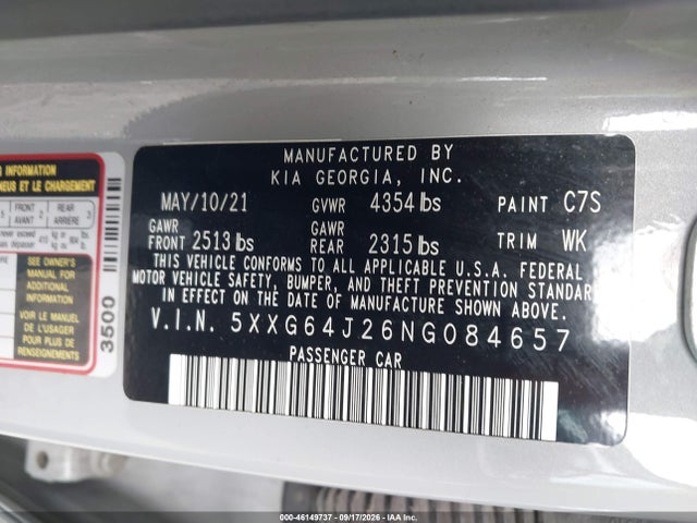 Продаж на аукціоні авто 2022 Kia K5 Gt-line, vin: 5XXG64J26NG084657, номер лоту: 46149737