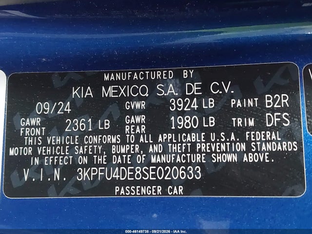 Продажа на аукционе авто 2025 Kia K4 Ex, vin: 3KPFU4DE8SE020633, номер лота: 46149738