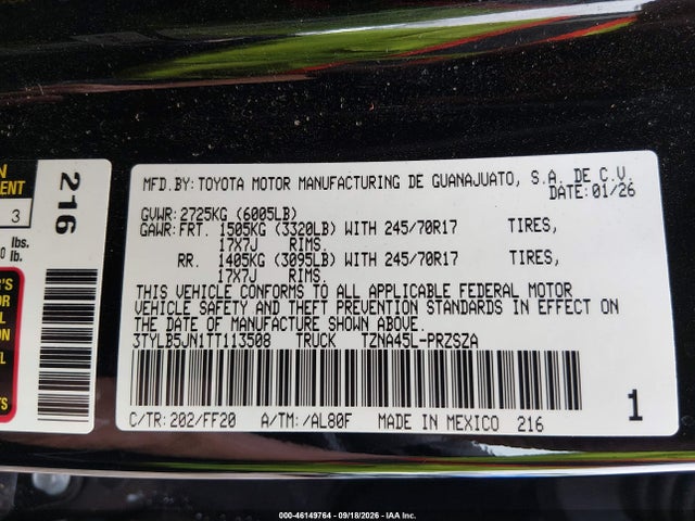 Aukcja sprzedaży 2026 Toyota Tacoma Sr5, vin: 3TYLB5JN1TT113508, numer aukcji: 46149764